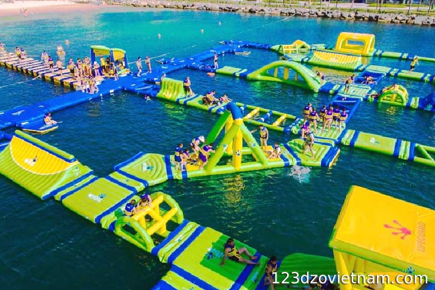 Play with friends at the inflatable water park