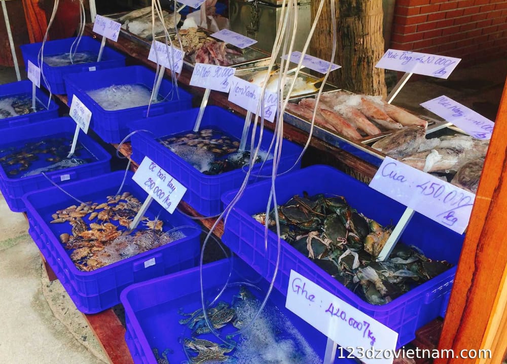 Stroll the pedestrian street & seafood market
