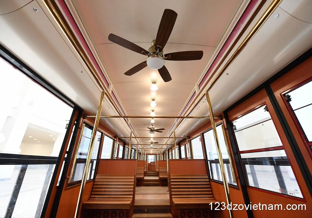 The train carriages are designed in a European style