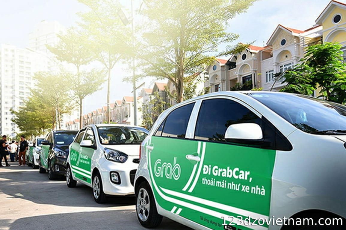Grab Taxi in a queue in Vietnam's road