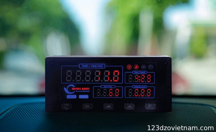 Car dashboard with a meter to calculate the fare of the ride