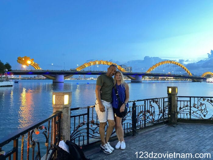 Faraway view of Dragon Bridge Da Nang on Han River