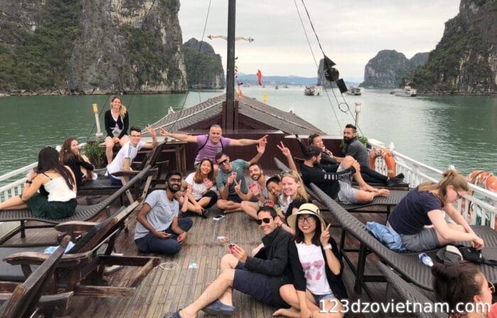 backpackers travelling through a boat in Vietnam